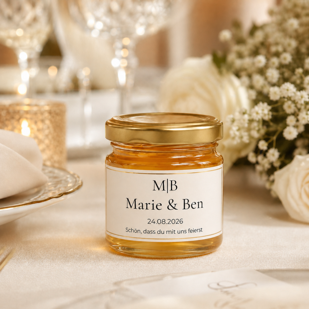 Personalisiertes Honigglas als Gastgeschenk für Hochzeiten