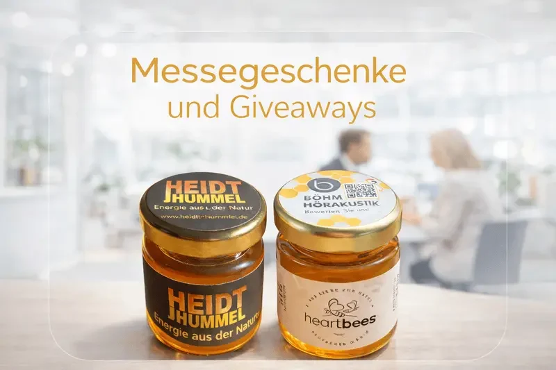 B2C-Honigwerbung Das Bild zeigt zwei individuell designte Honiggläser für Firmenwerbung