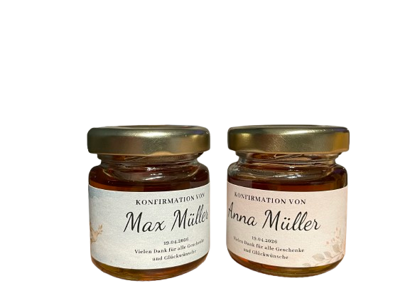 zwei personalisierte Honiggläser für die Konfirmation von Max und Anna