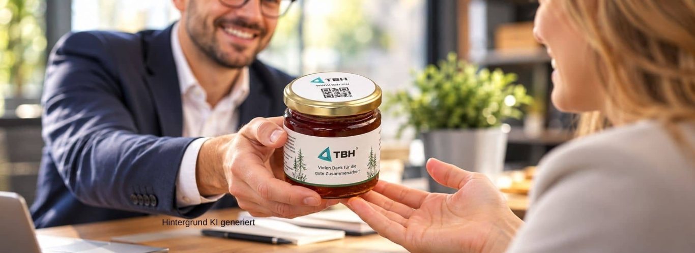Das Bild zeigt einen Salesmanager der ein Glas Honig mit eigenem Etikett an eine Kundin verschenkt
