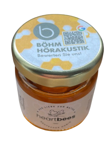 personalisiertes Honigglas für Firmenwerbung. Mit QR-Code auf dem Deckel.